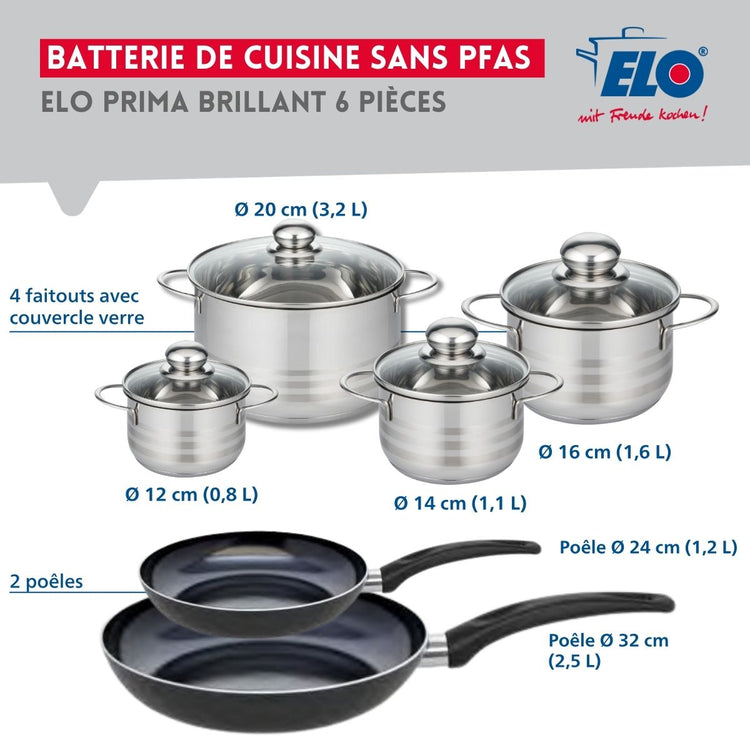 Ensemble de 2 Poêles de cuisson 24 et 32 cm et 4 faitouts 12, 14, 16 et 20 cm Elo Prima Brillant