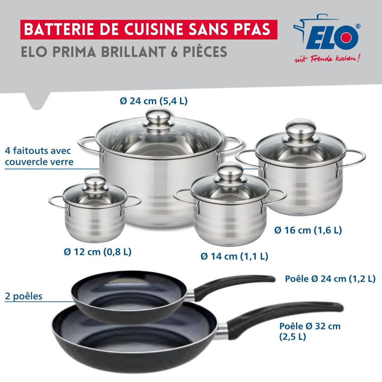 Ensemble de 2 Poêles de cuisson 24 et 32 cm et 4 faitouts 12, 14, 16 et 24 cm Elo Prima Brillant