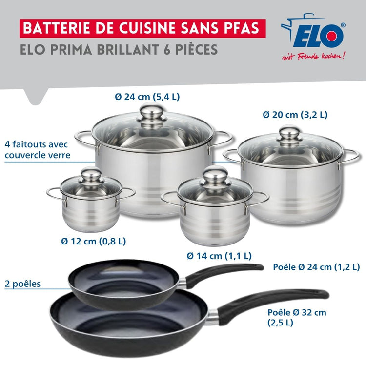 Ensemble de 2 Poêles de cuisson 24 et 32 cm et 4 faitouts 12, 14, 20 et 24 cm Elo Prima Brillant