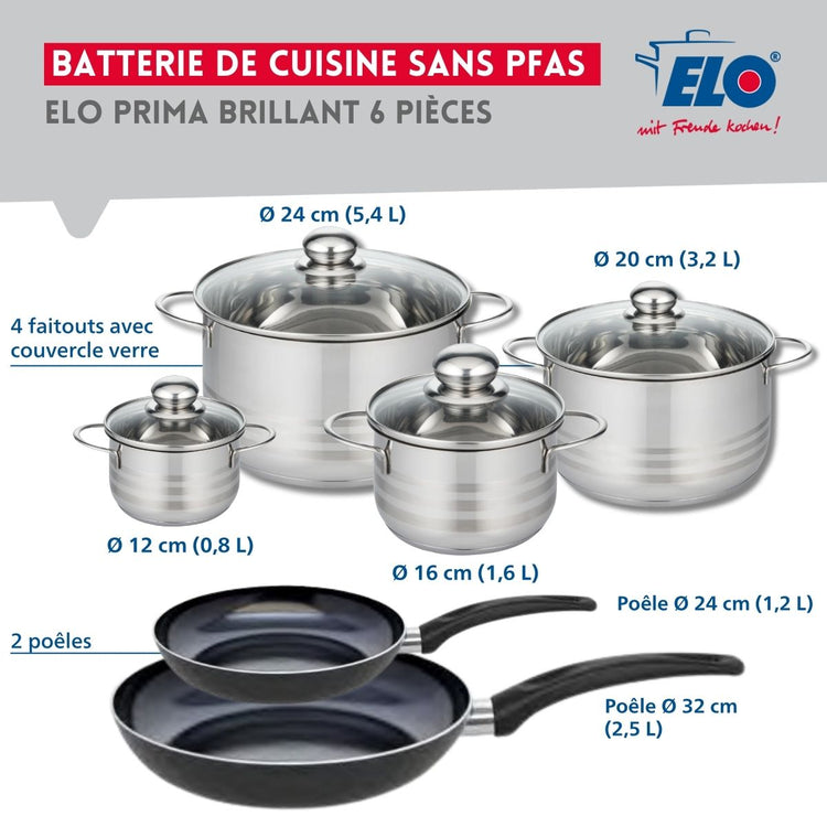 Ensemble de 2 Poêles de cuisson 24 et 32 cm et 4 faitouts 12, 16, 20 et 24 cm Elo Prima Brillant