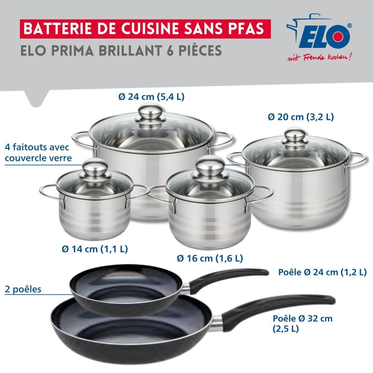 Ensemble de 2 Poêles de cuisson 24 et 32 cm et 4 faitouts 14, 16, 20 et 24 cm Elo Prima Brillant