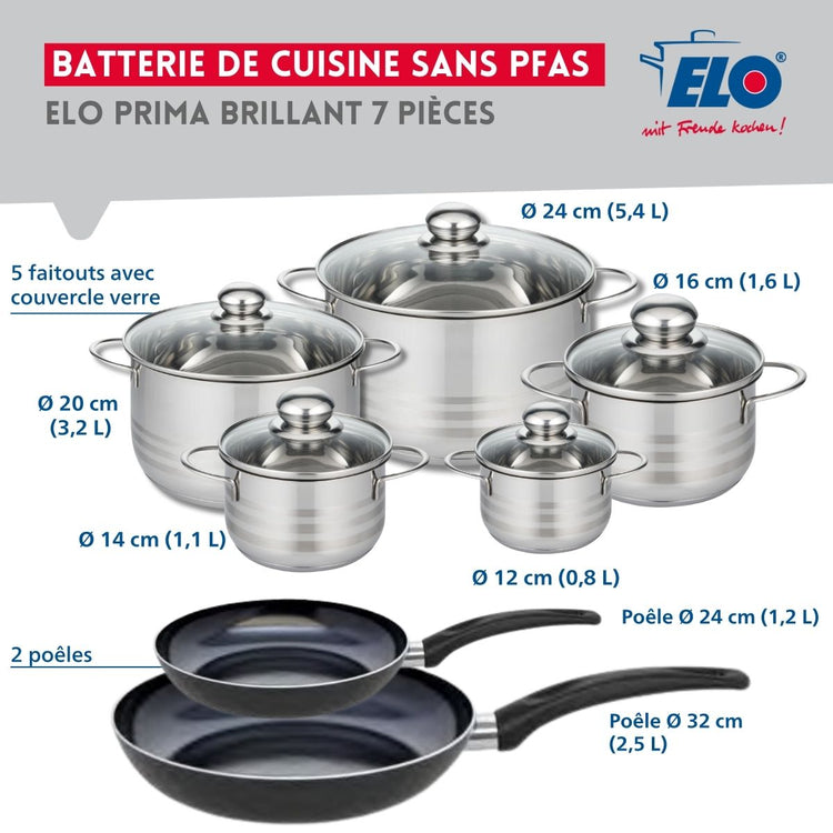 Ensemble de 2 Poêles de cuisson 24 et 32 cm et 5 faitouts 12, 14, 16, 20 et 24 cm Elo Prima Brillant