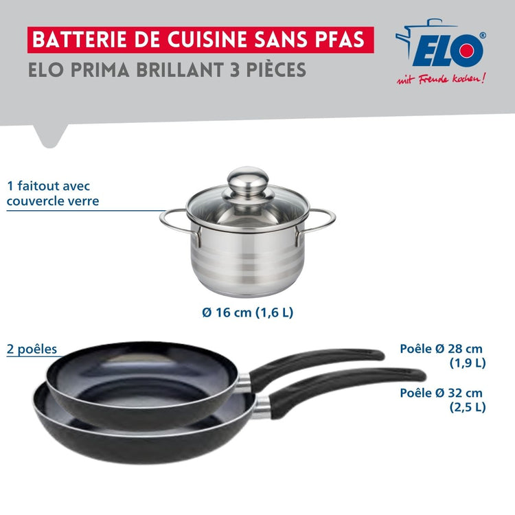 Ensemble de 2 Poêles de cuisson 28 et 32 cm et 1 faitout 16 cm Elo Prima Brillant