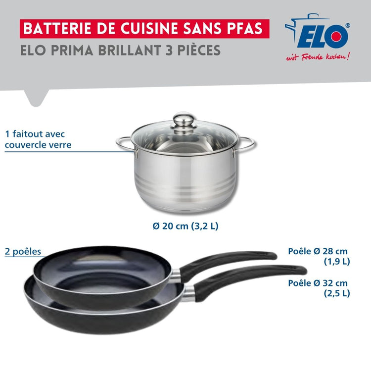 Ensemble de 2 Poêles de cuisson 28 et 32 cm et 1 faitout 20 cm Elo Prima Brillant