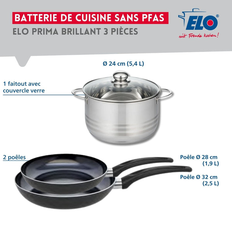 Ensemble de 2 Poêles de cuisson 28 et 32 cm et 1 faitout 24 cm Elo Prima Brillant