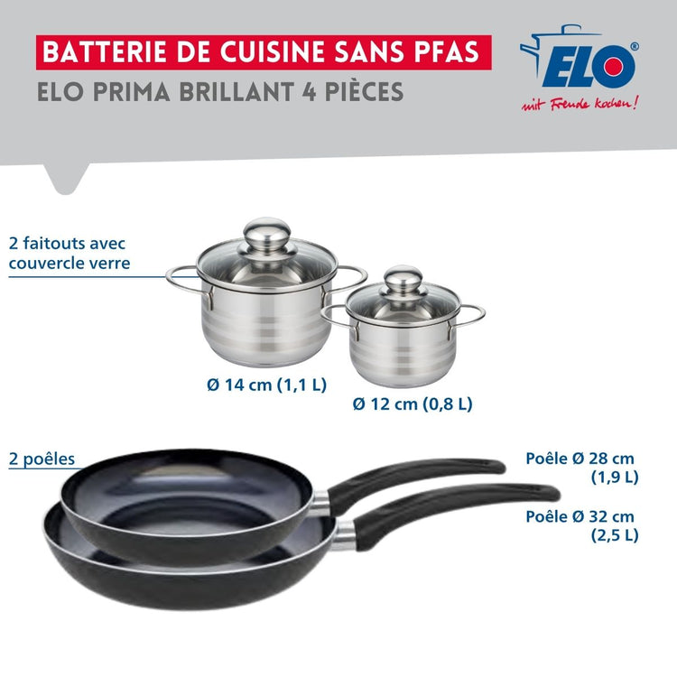 Ensemble de 2 Poêles de cuisson 28 et 32 cm et 2 faitouts 12 et 14 cm Elo Prima Brillant