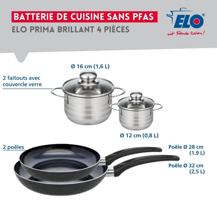 Ensemble de 2 Poêles de cuisson 28 et 32 cm et 2 faitouts 12 et 16 cm Elo Prima Brillant