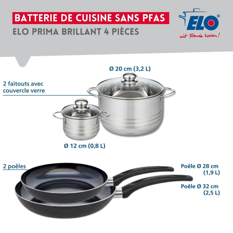 Ensemble de 2 Poêles de cuisson 28 et 32 cm et 2 faitouts 12 et 20 cm Elo Prima Brillant