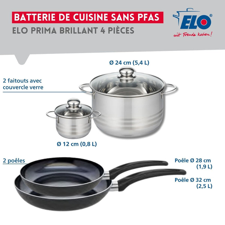 Ensemble de 2 Poêles de cuisson 28 et 32 cm et 2 faitouts 12 et 24 cm Elo Prima Brillant