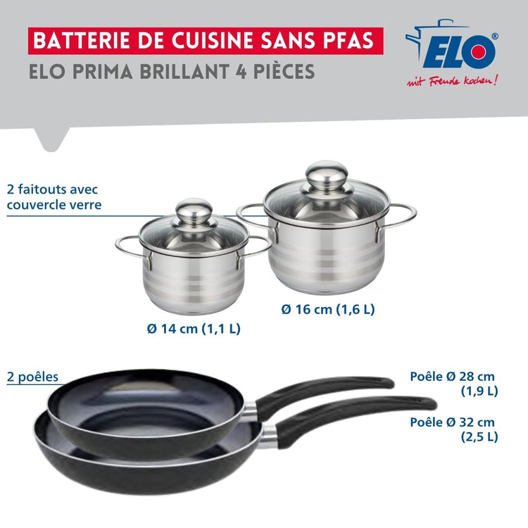 Ensemble de 2 Poêles de cuisson 28 et 32 cm et 2 faitouts 14 et 16 cm Elo Prima Brillant