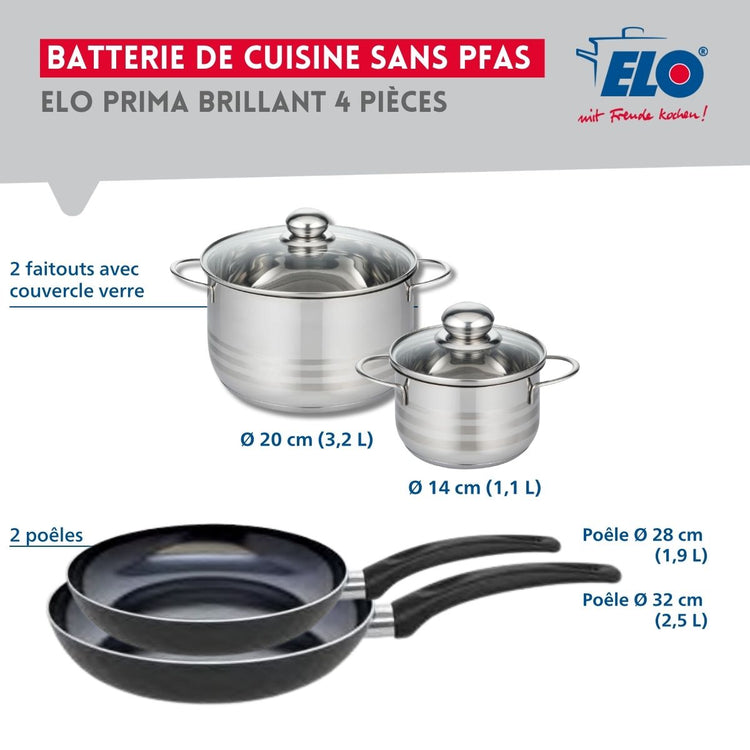 Ensemble de 2 Poêles de cuisson 28 et 32 cm et 2 faitouts 14 et 20 cm Elo Prima Brillant