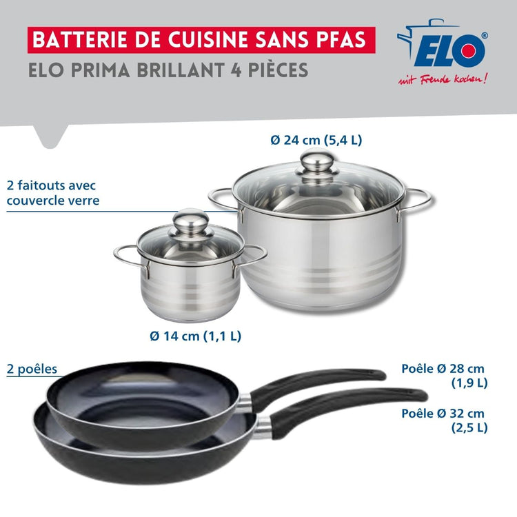 Ensemble de 2 Poêles de cuisson 28 et 32 cm et 2 faitouts 14 et 24 cm Elo Prima Brillant