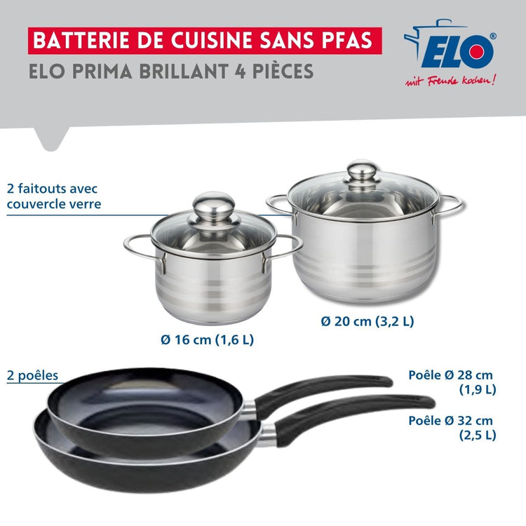 Ensemble de 2 Poêles de cuisson 28 et 32 cm et 2 faitouts 16 et 20 cm Elo Prima Brillant