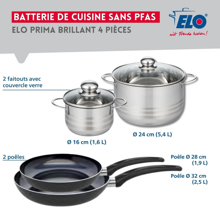 Ensemble de 2 Poêles de cuisson 28 et 32 cm et 2 faitouts 16 et 24 cm Elo Prima Brillant