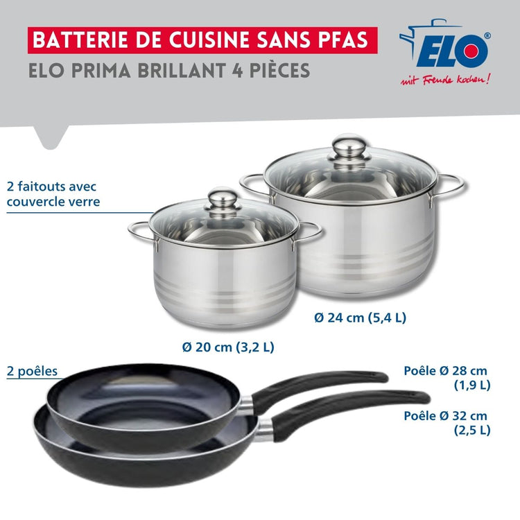 Ensemble de 2 Poêles de cuisson 28 et 32 cm et 2 faitouts 20 et 24 cm Elo Prima Brillant