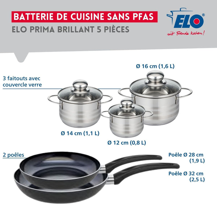 Ensemble de 2 Poêles de cuisson 28 et 32 cm et 3 faitouts 12, 14 et 16 cm Elo Prima Brillant