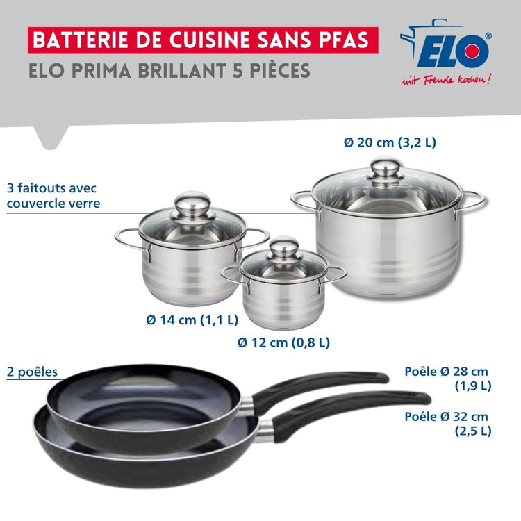 Ensemble de 2 Poêles de cuisson 28 et 32 cm et 3 faitouts 12, 14 et 20 cm Elo Prima Brillant