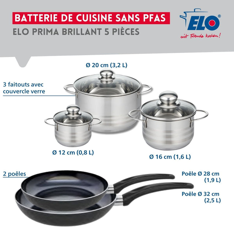 Ensemble de 2 Poêles de cuisson 28 et 32 cm et 3 faitouts 12, 16 et 20 cm Elo Prima Brillant