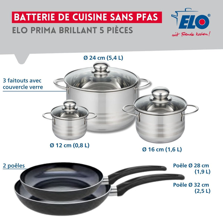 Ensemble de 2 Poêles de cuisson 28 et 32 cm et 3 faitouts 12, 16 et 24 cm Elo Prima Brillant