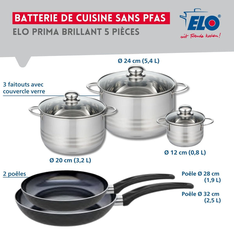 Ensemble de 2 Poêles de cuisson 28 et 32 cm et 3 faitouts 12, 20 et 24 cm Elo Prima Brillant