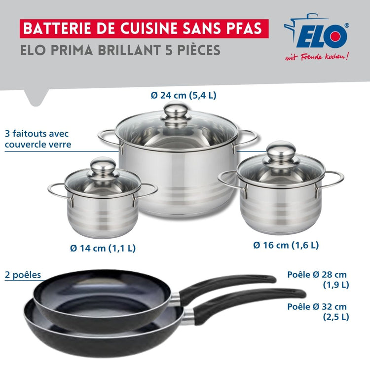 Ensemble de 2 Poêles de cuisson 28 et 32 cm et 3 faitouts 14, 16 et 24 cm Elo Prima Brillant