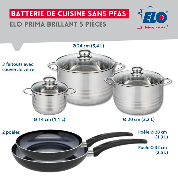 Ensemble de 2 Poêles de cuisson 28 et 32 cm et 3 faitouts 14, 20 et 24 cm Elo Prima Brillant