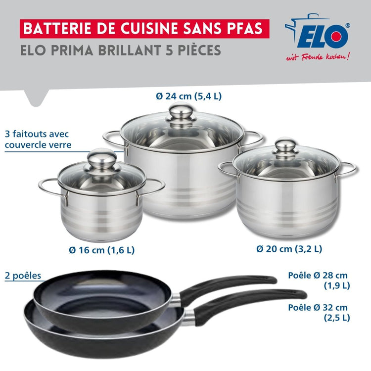 Ensemble de 2 Poêles de cuisson 28 et 32 cm et 3 faitouts 16, 20 et 24 cm Elo Prima Brillant