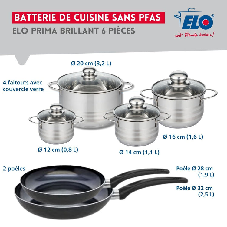 Ensemble de 2 Poêles de cuisson 28 et 32 cm et 4 faitouts 12, 14, 16 et 20 cm Elo Prima Brillant