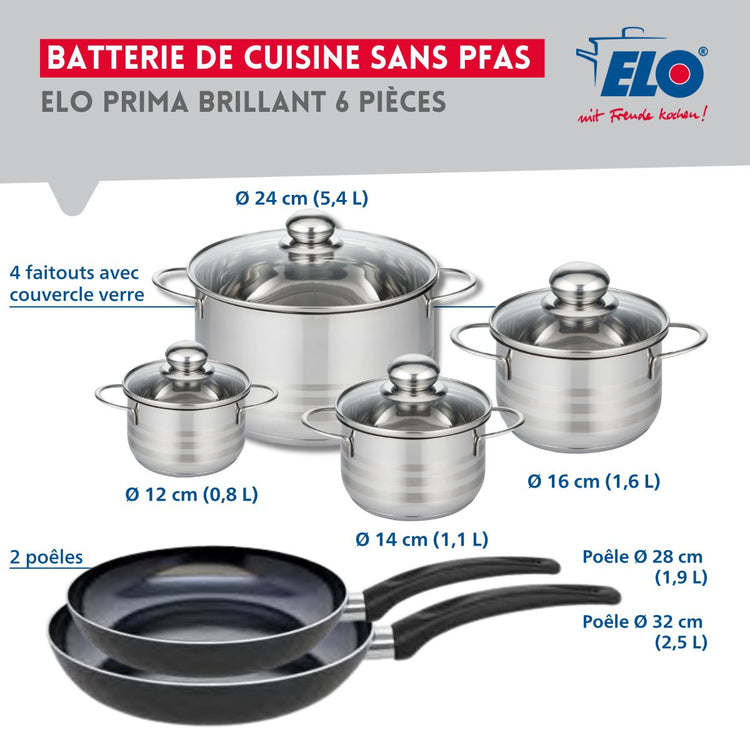 Ensemble de 2 Poêles de cuisson 28 et 32 cm et 4 faitouts 12, 14, 16 et 24 cm Elo Prima Brillant