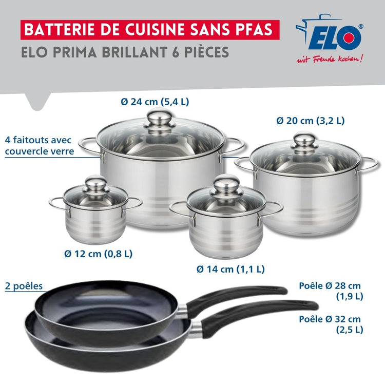 Ensemble de 2 Poêles de cuisson 28 et 32 cm et 4 faitouts 12, 14, 20 et 24 cm Elo Prima Brillant