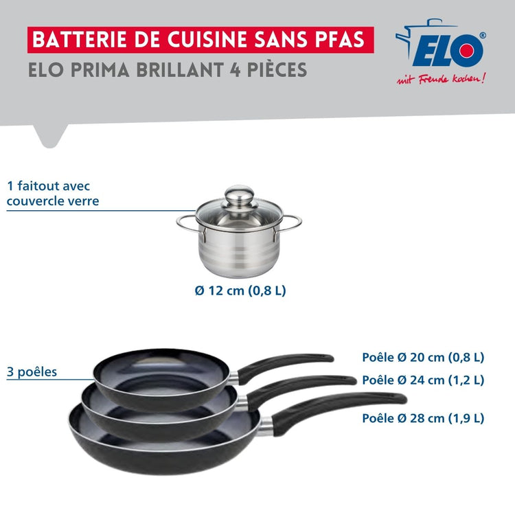 Ensemble de 3 Poêles de cuisson 20, 24 et 28 cm et 1 faitout 12 cm Elo Prima Brillant