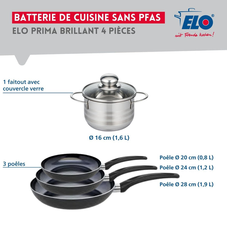 Ensemble de 3 Poêles de cuisson 20, 24 et 28 cm et 1 faitout 16 cm Elo Prima Brillant