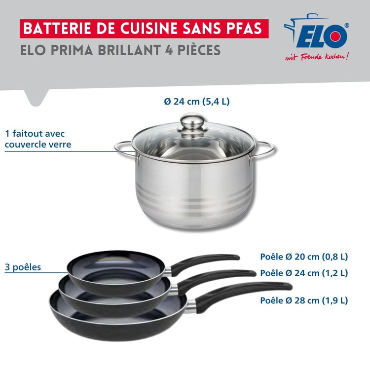 Ensemble de 3 Poêles de cuisson 20, 24 et 28 cm et 1 faitout 24 cm Elo Prima Brillant