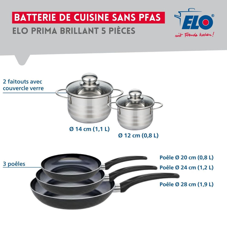 Ensemble de 3 Poêles de cuisson 20, 24 et 28 cm et 2 faitouts 12 et 14 cm Elo Prima Brillant