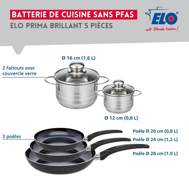 Ensemble de 3 Poêles de cuisson 20, 24 et 28 cm et 2 faitouts 12 et 16 cm Elo Prima Brillant