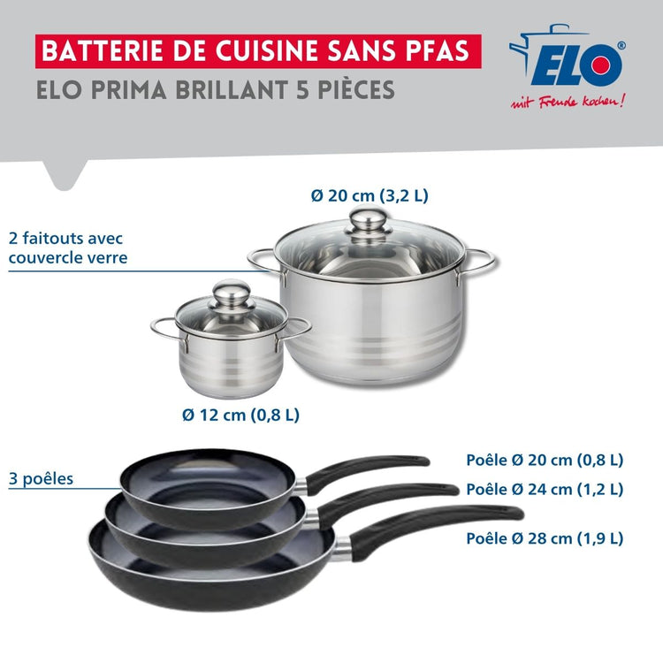 Ensemble de 3 Poêles de cuisson 20, 24 et 28 cm et 2 faitouts 12 et 20 cm Elo Prima Brillant