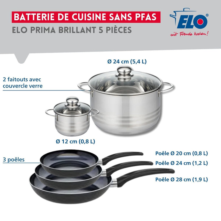 Ensemble de 3 Poêles de cuisson 20, 24 et 28 cm et 2 faitouts 12 et 24 cm Elo Prima Brillant