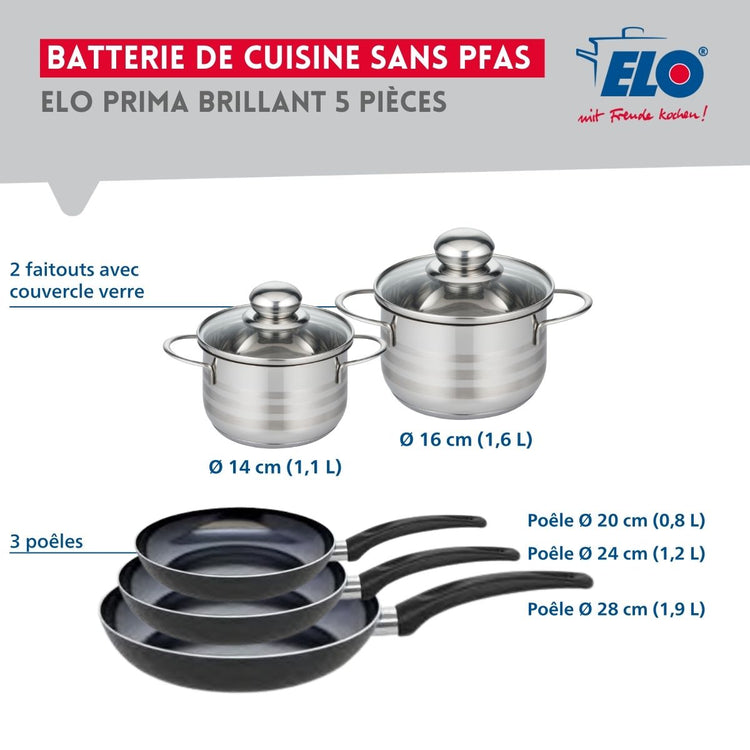 Ensemble de 3 Poêles de cuisson 20, 24 et 28 cm et 2 faitouts 14 et 16 cm Elo Prima Brillant