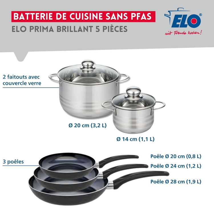 Ensemble de 3 Poêles de cuisson 20, 24 et 28 cm et 2 faitouts 14 et 20 cm Elo Prima Brillant