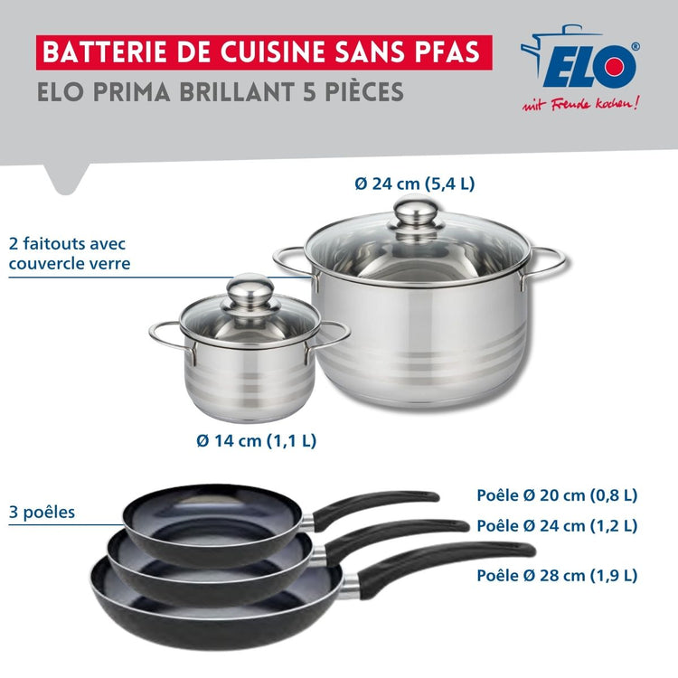 Ensemble de 3 Poêles de cuisson 20, 24 et 28 cm et 2 faitouts 14 et 24 cm Elo Prima Brillant