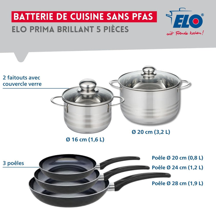 Ensemble de 3 Poêles de cuisson 20, 24 et 28 cm et 2 faitouts 16 et 20 cm Elo Prima Brillant