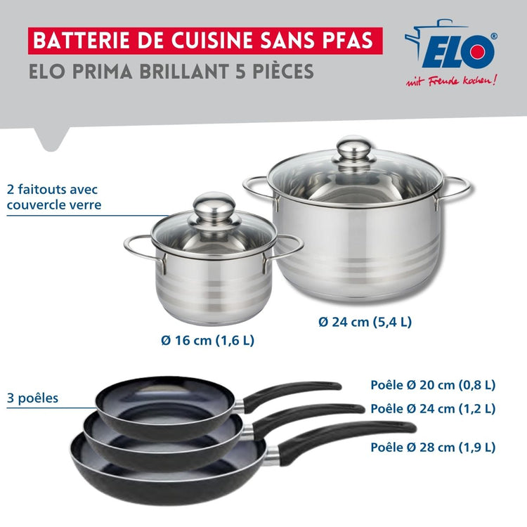 Ensemble de 3 Poêles de cuisson 20, 24 et 28 cm et 2 faitouts 16 et 24 cm Elo Prima Brillant