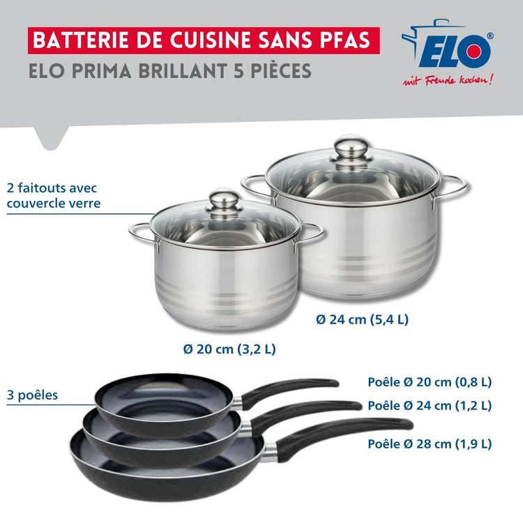 Ensemble de 3 Poêles de cuisson 20, 24 et 28 cm et 2 faitouts 20 et 24 cm Elo Prima Brillant