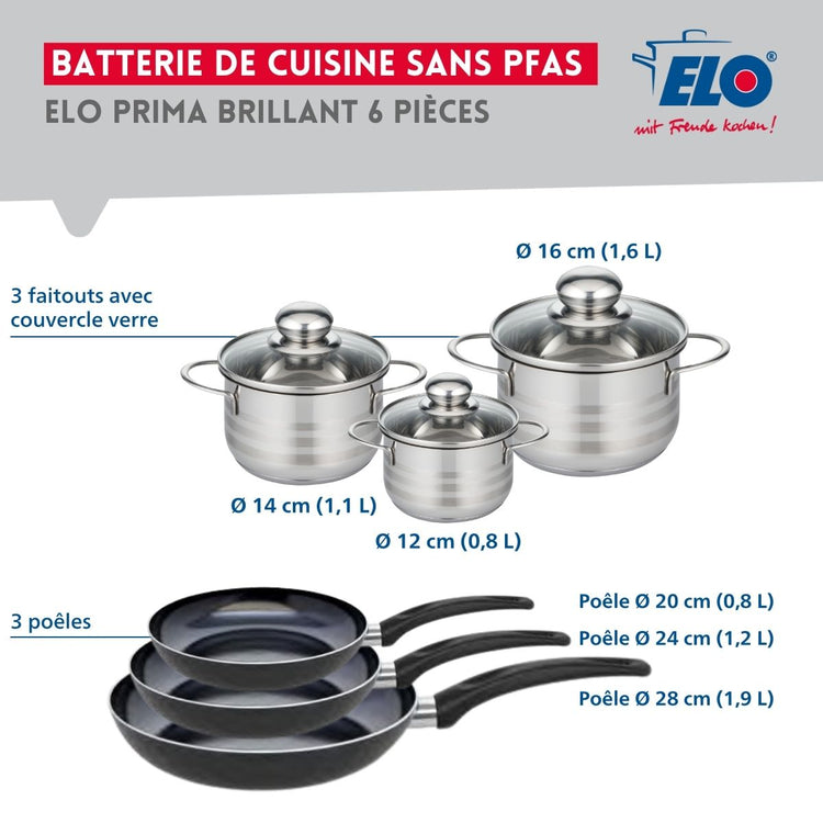 Ensemble de 3 Poêles de cuisson 20, 24 et 28 cm et 3 faitouts 12, 14 et 16 cm Elo Prima Brillant