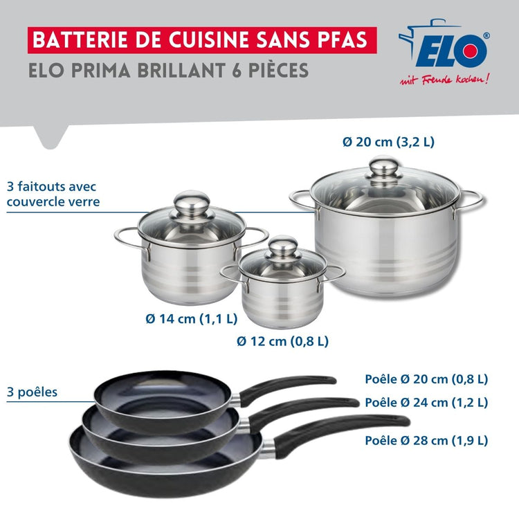 Ensemble de 3 Poêles de cuisson 20, 24 et 28 cm et 3 faitouts 12, 14 et 20 cm Elo Prima Brillant