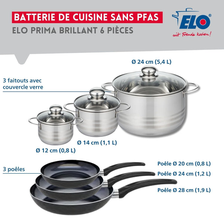 Ensemble de 3 Poêles de cuisson 20, 24 et 28 cm et 3 faitouts 12, 14 et 24 cm Elo Prima Brillant