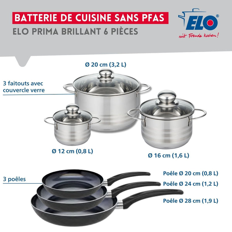 Ensemble de 3 Poêles de cuisson 20, 24 et 28 cm et 3 faitouts 12, 16 et 20 cm Elo Prima Brillant