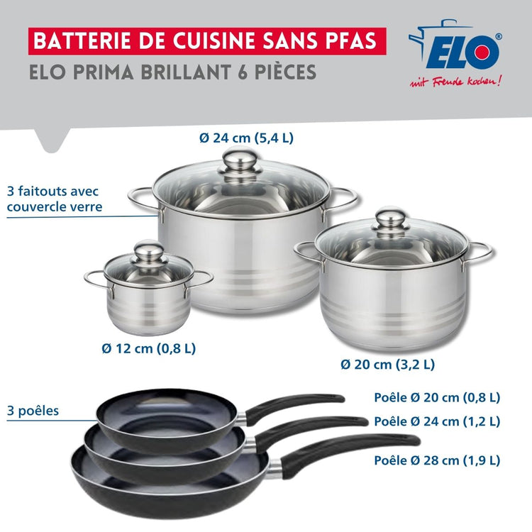 Ensemble de 3 Poêles de cuisson 20, 24 et 28 cm et 3 faitouts 12, 20 et 24 cm Elo Prima Brillant