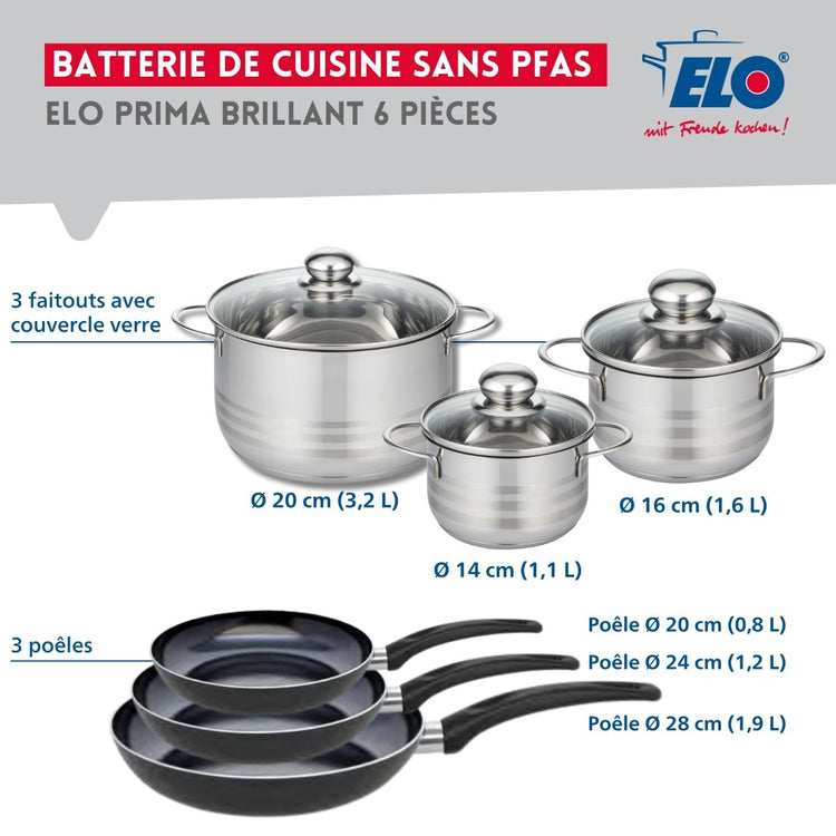 Ensemble de 3 Poêles de cuisson 20, 24 et 28 cm et 3 faitouts 14, 16 et 20 cm Elo Prima Brillant