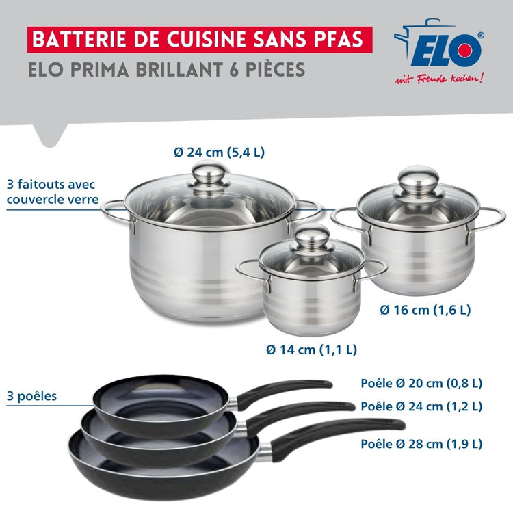 Ensemble de 3 Poêles de cuisson 20, 24 et 28 cm et 3 faitouts 14, 16 et 24 cm Elo Prima Brillant